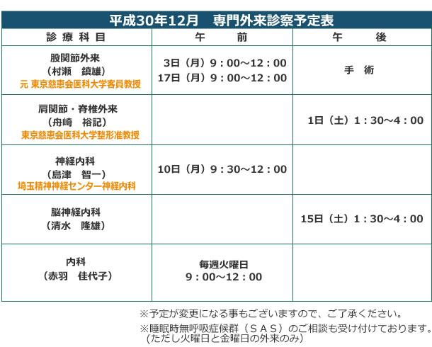平成30年12月専門外来診察予定表 |股関節外来(村瀬鎮雄)元東京慈恵会医科大学客員教授 12/3(月)9:00~12:00 、12/17(月)9:00~12:00 午後手術|肩関節・脊椎外来(舟崎裕記)東京慈恵会医科大学整形准教授 12/1(土)13:30~16:00|神経内科(島津智一)埼玉精神神経センター神経内科 12/10(月)9:30~12:00|脳神経内科(清水隆雄)12/15(土)13:30~16:00|内科(赤羽佳代子)毎週火曜日 9:00~12:00 ※予定が変更になることもございますので、ご了承ください。※睡眠時無呼吸症候群(SAS)のご相談も受け付けております。(ただし火曜日と金曜日の外来のみ)